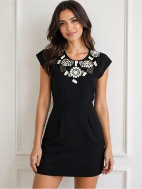 bebe Black Mini Sheath Dress Cap Sleeves Embellished Beaded Yoke Cocktail XXS
